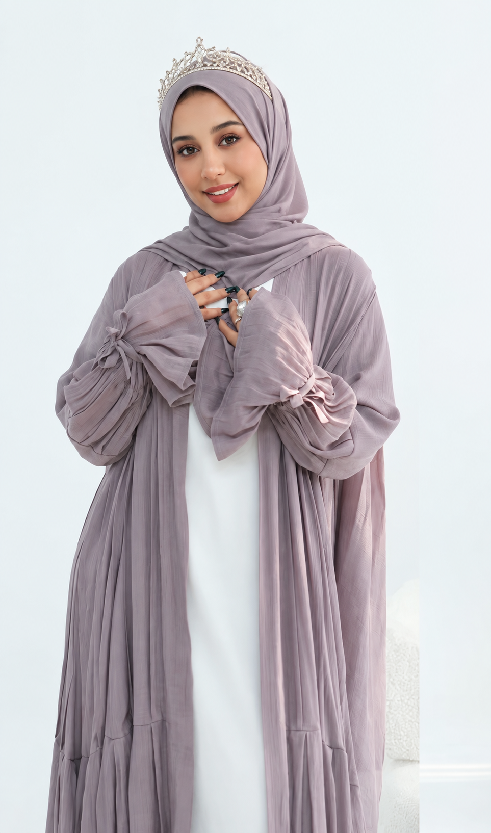 Pleated Open Abaya Breathable Viscose-Linen Blend and a Matching Hijab