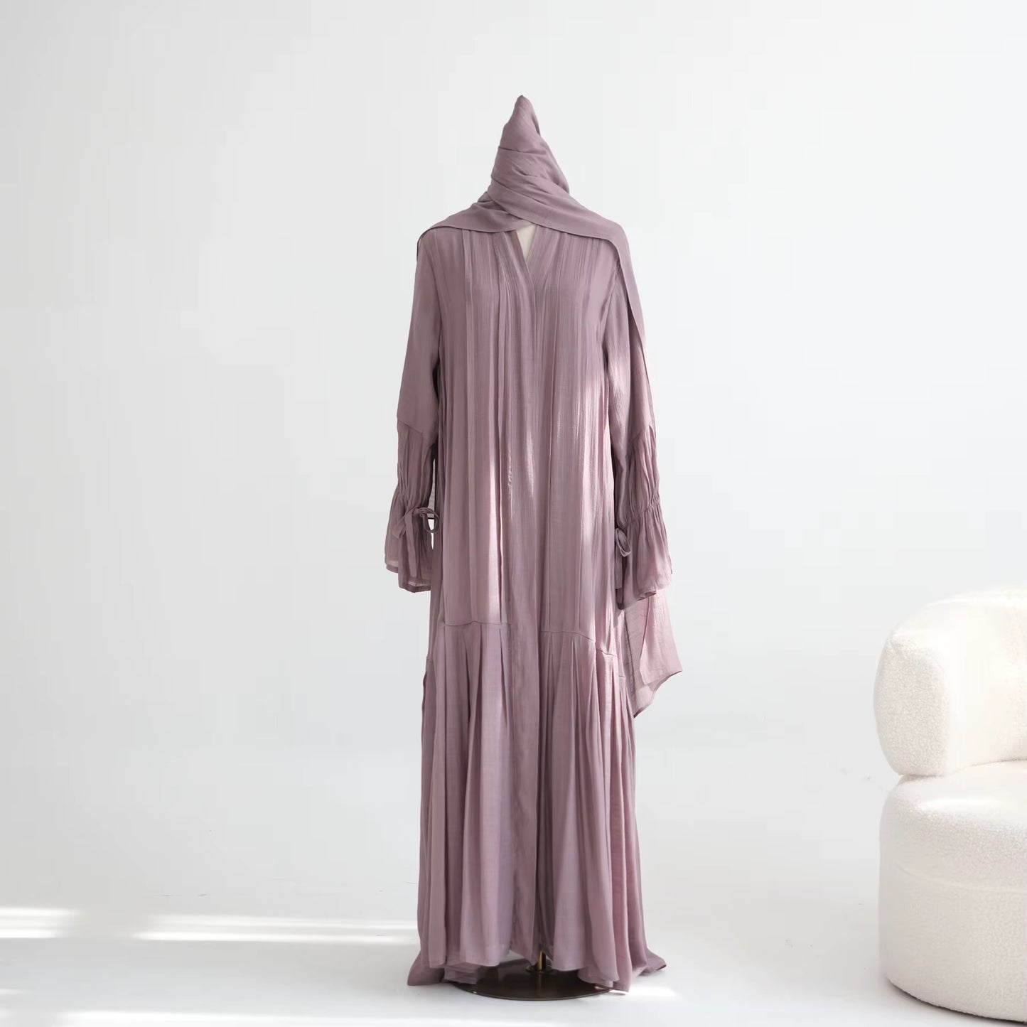 Pleated Open Abaya Breathable Viscose-Linen Blend and a Matching Hijab