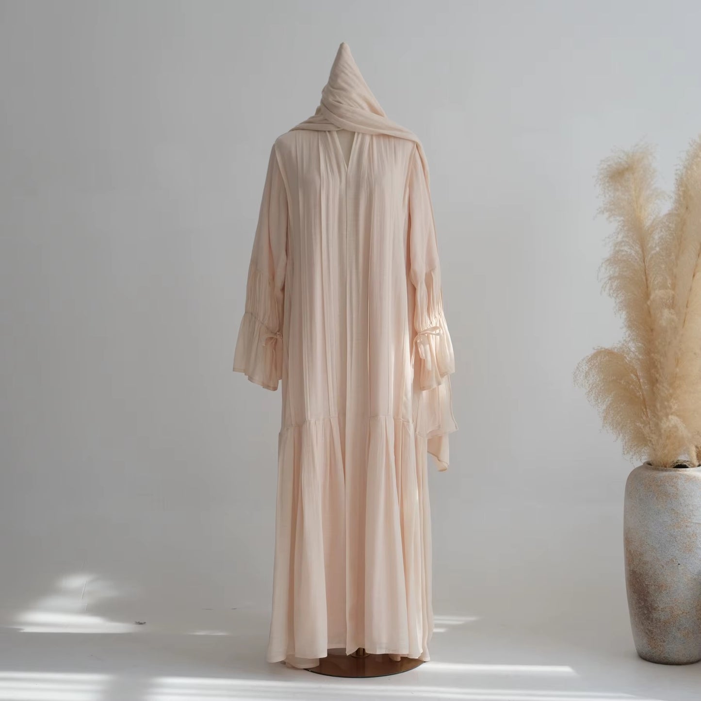 Pleated Open Abaya Breathable Viscose-Linen Blend and a Matching Hijab