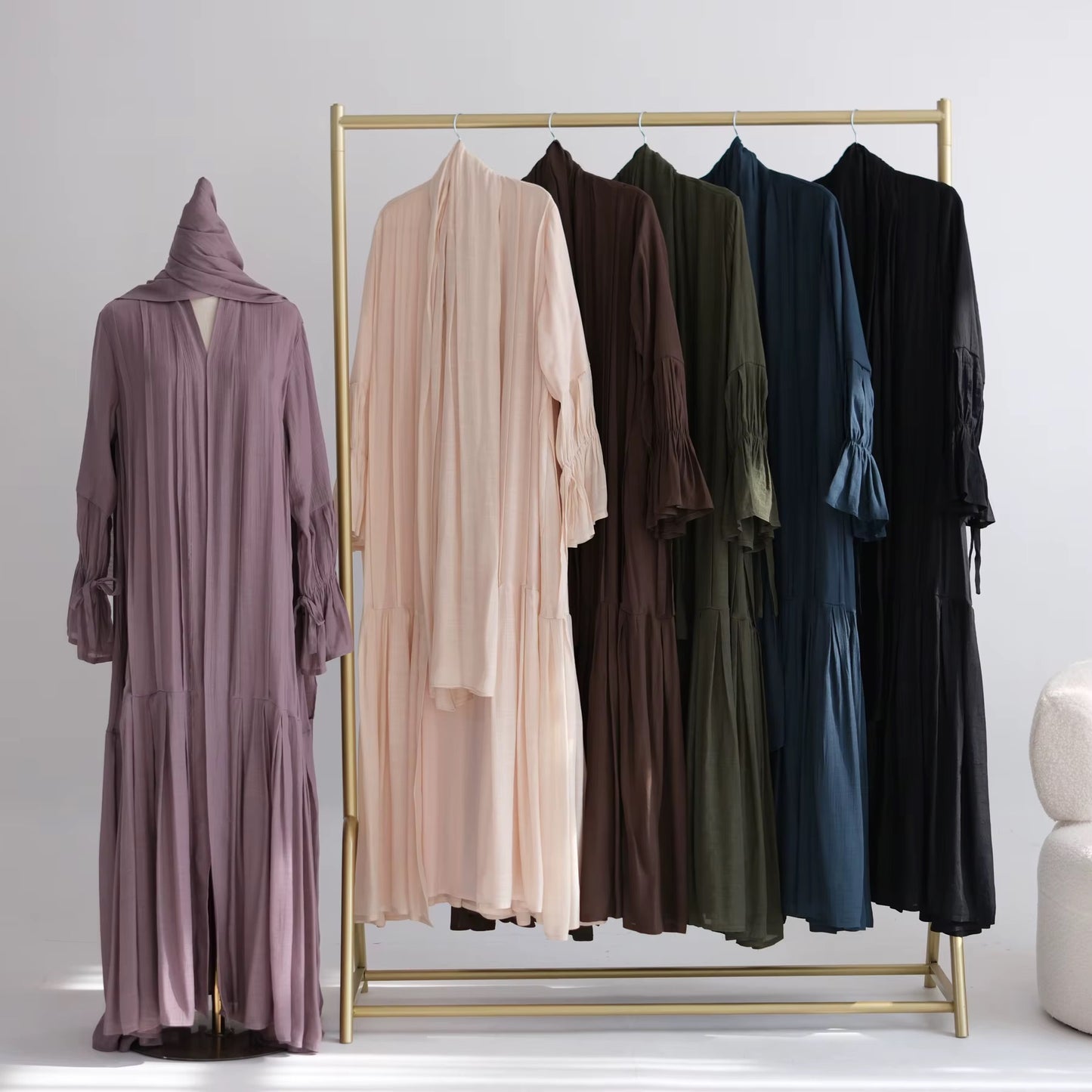Pleated Open Abaya Breathable Viscose-Linen Blend and a Matching Hijab