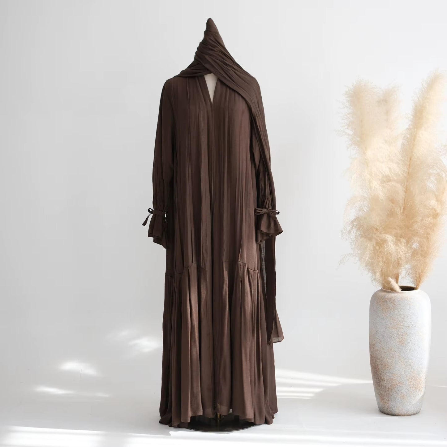 Pleated Open Abaya Breathable Viscose-Linen Blend and a Matching Hijab