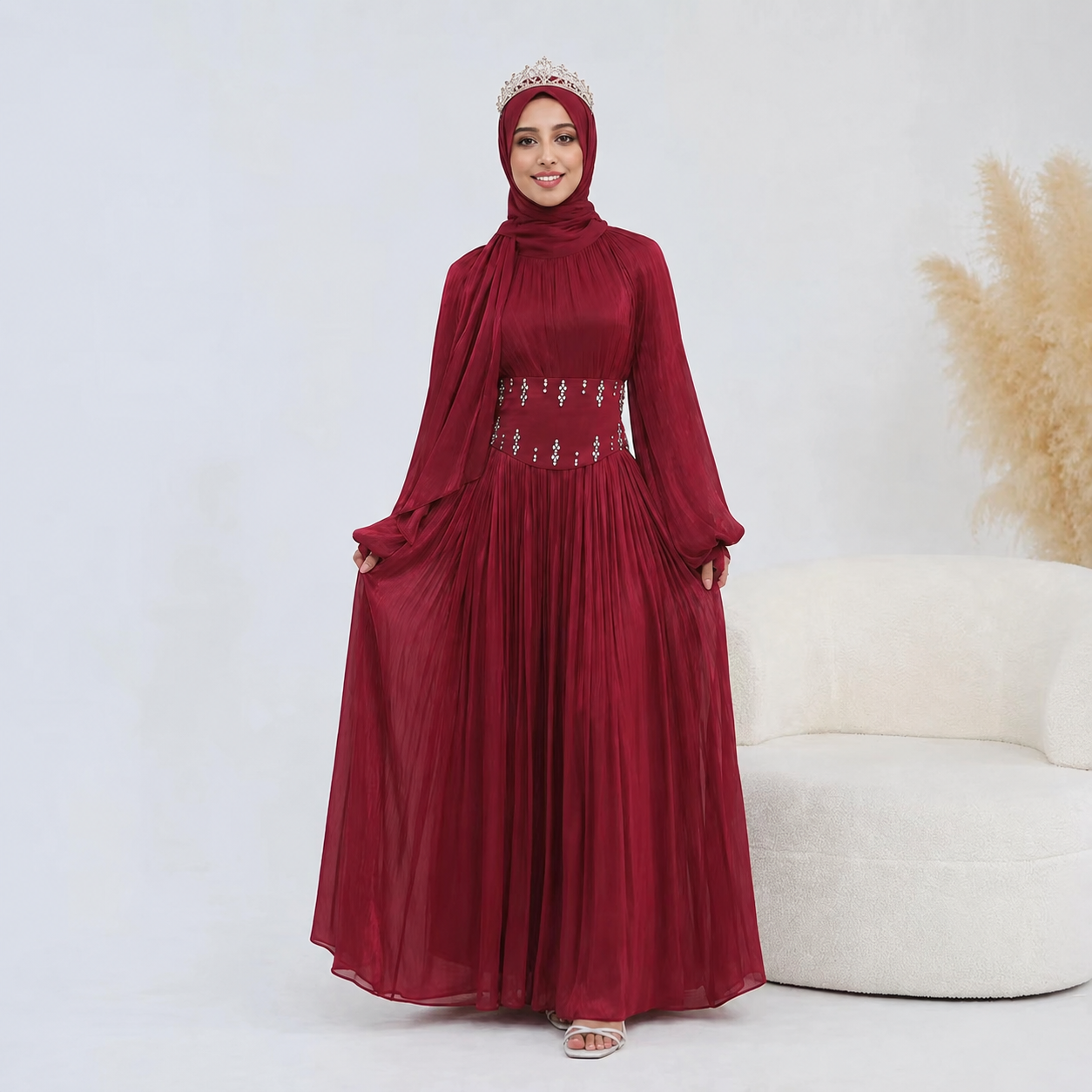 Elegent Pleated Dress with Corset Belt and Voluminous Bishop Sleeves
